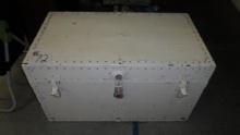 trunk, vintage wood trunk with nice hardware and liner paper 3ft long and 20in tall