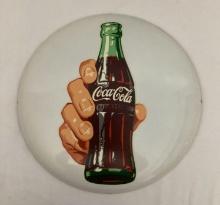 16" White Coca-Cola Button Sign w/ Hand & Bottle