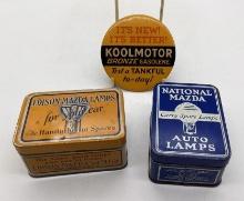 1930's Auto Lamp Tins and Koolmotor Celluloid Pin Back
