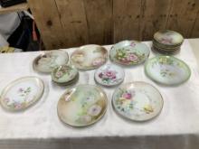 Assortment of German Hand Painted Flowered Plates & Dishes