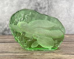 Signed Green Glass Turtle Paperweight