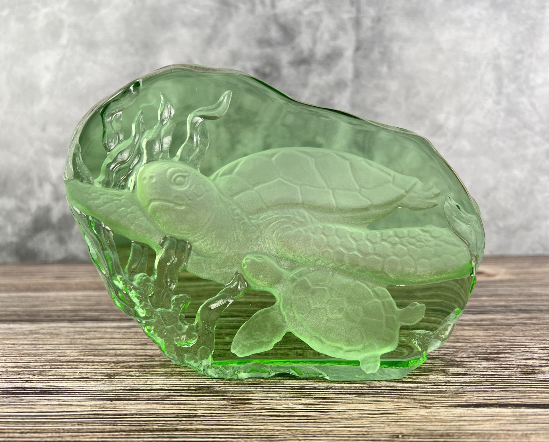 Signed Green Glass Turtle Paperweight