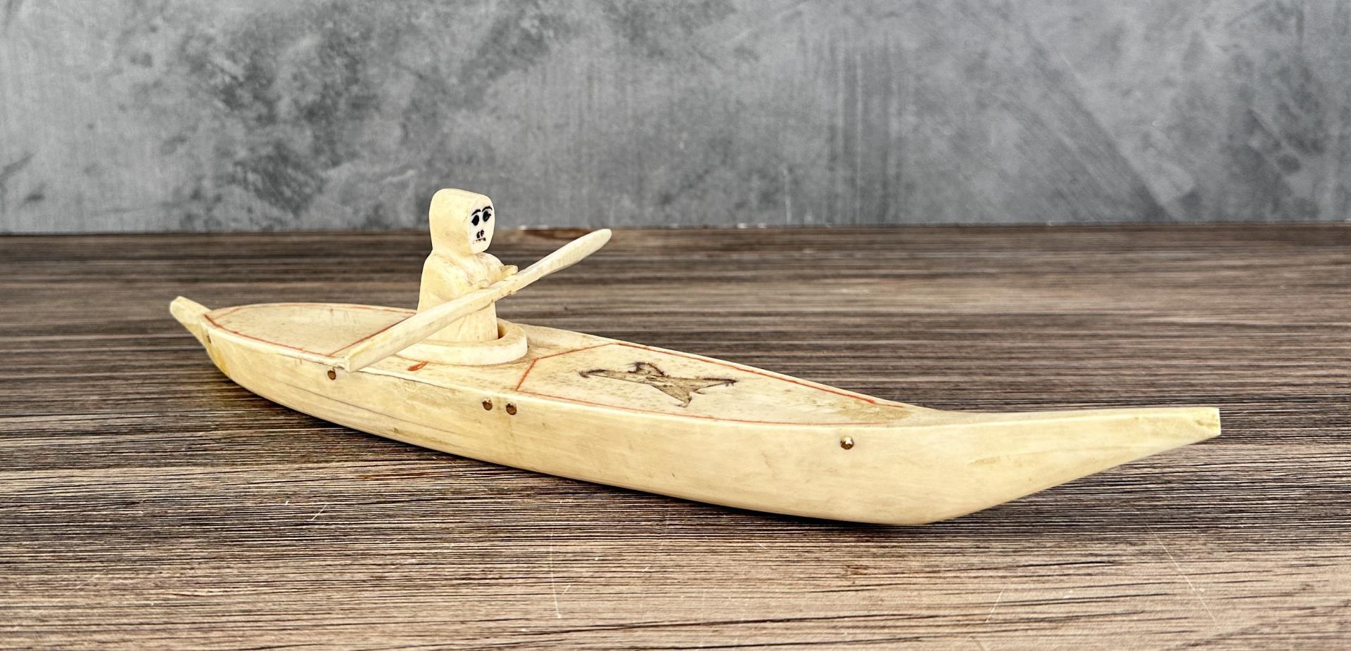 Alaskan Eskimo Inuit Carved Hunter in Canoe