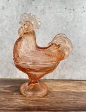 LE Smith Pink Glass Rooster Candy Dish
