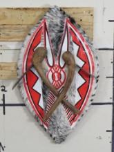 Contemporary African Zulu Shield made from Animal Hide & Painted w/2 Tribal Weapons AFRICAN ART
