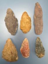 6 Blades, Jasper, Ferruginous Quartzite, Quartz, Longest 3 3/8", Found in Dover, Delaware,