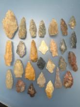 27 Nice Arrowheads, Longest is 2 5/8", Found in Dover, Delaware, Ex: Drapper, Vandergrift Collection