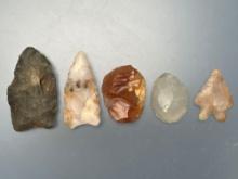 5 IMPRESSIVE Paleo Points, Scrapers, Bifurcate, Found in Western US, Longest is 2 1/8",