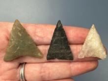 3 Fine Triangle Points, Quartzite, Chert, Chalcedony, From a Collection of Artifacts Found in Conn