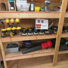 Contents of Shelves:  DeWalt Tools, Batteries & Chargers, DW938 Variable Speed Reciprocating Saw, (2