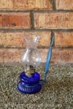 Vintage Japan Nasco Blue Glass Fluted Top Chimney Oil Lamp