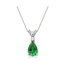 Pear Emerald and Diamond Solitaire Pendant Necklace 14k White Gold