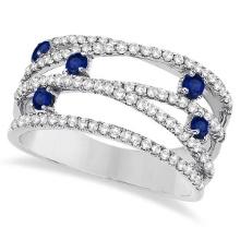 Blue Sapphire and Diamond Bypass Wide Ring 14k White Gold 1.25 ctw