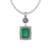 Certified 3.30 Ctw Emerald and Diamond I2/I3 14K White Gold Victorian Style Pendant Necklace