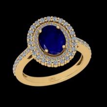 2.71 Ctw VS/SI1 Blue sapphire and Diamond 14K Yellow Gold Engagement Halo ring (ALL DIAMOND ARE LAB