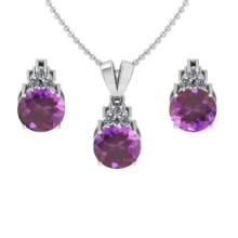 4.65 Ctw VS/SI1 Amethyst and Diamond 14K White Gold Pendant +Earrings Necklace Set (ALL DIAMOND ARE