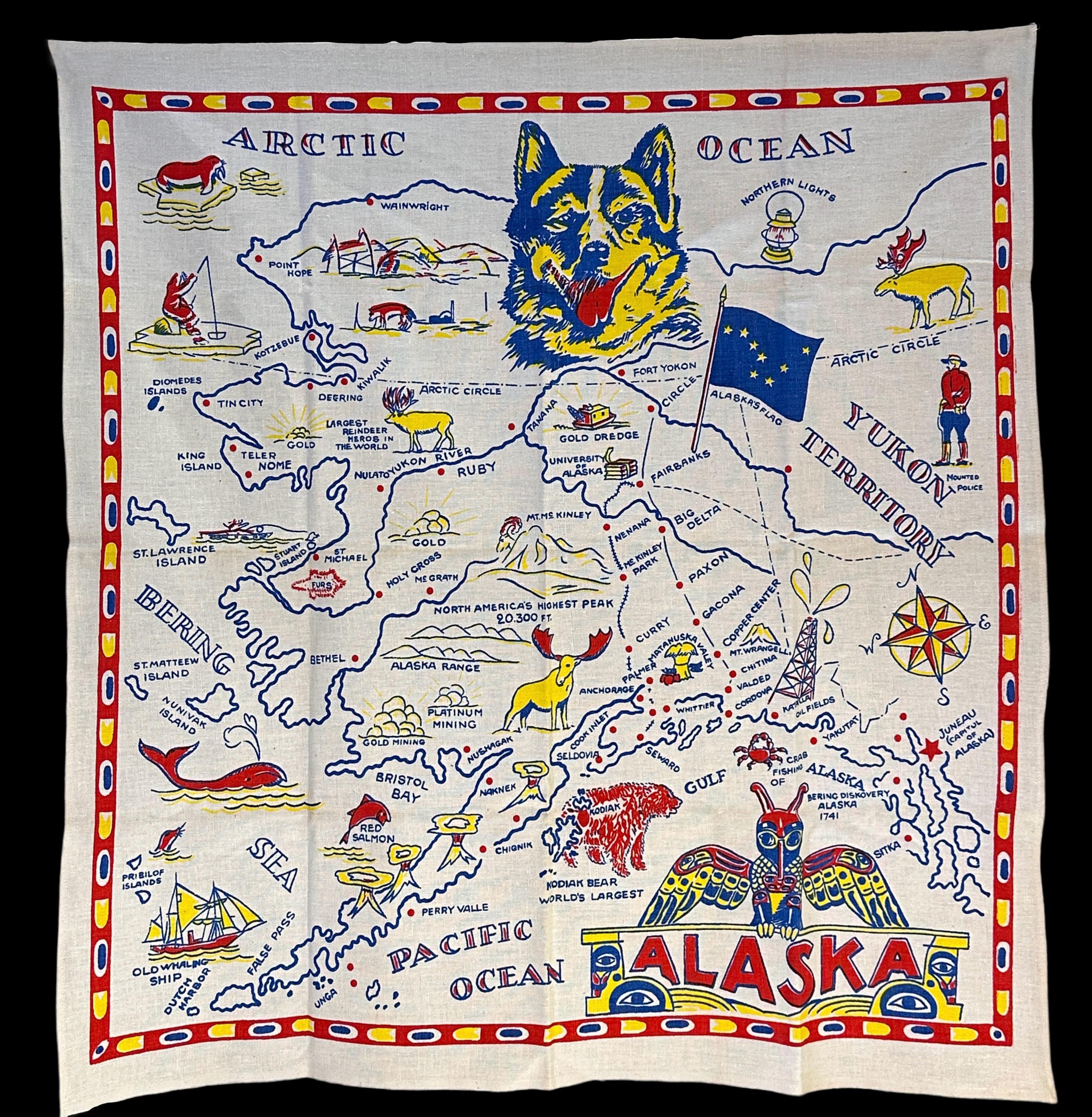 Vintage ALASKA Souvenir Tablecloth Map