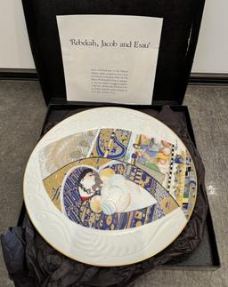 COLLECTIBLE CERAMIC PLATE - REBEKAH, JACOB AND ESAU PAINT - IN ORIGINAL BOX WITH PAPERS