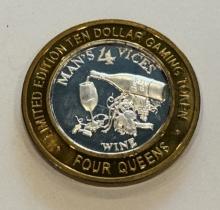 Four Queens Hotel & Casino, Man's 4 Vices, Wine, $10 Silver Gaming Token