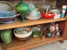 Shelf Clean Out - glassware, stoneware bowls, plates, vases Lower section contents