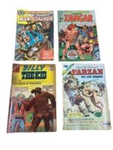4- Vintage Comic Books, Tarzan De Los Manos, Billy the Kid, Manstalker no. 2, and Zangar no. 3