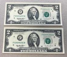 2- 1995 $2.00 Banknotes, w/ sequential serial numbers, sells times the money