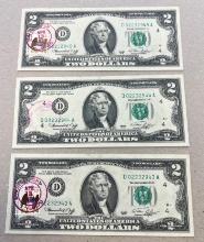 3- 1976 First Day Issue $2.00 Notes, w/ sequential serial numbers and Zanesville Marks