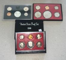 3- US Mint Proof sets, 1980 and 2 sets without boxes, 1969 and 1973, includes one 40% half dollar