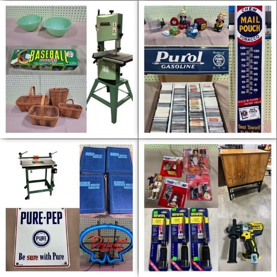 Sports, Woodworking, Gas/Oil Signs, Glass & More