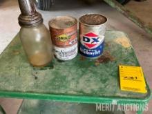 (2) Vintage paper quart oil cans & glass oil bottle w/spout.