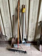Shop broom, barn scraper, shovel, pitch fork