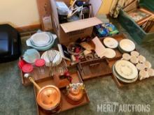 Quantity of Corelle dishes, Pyrex, bags, office supplies, cards, poker chips, copper pieces, mixing