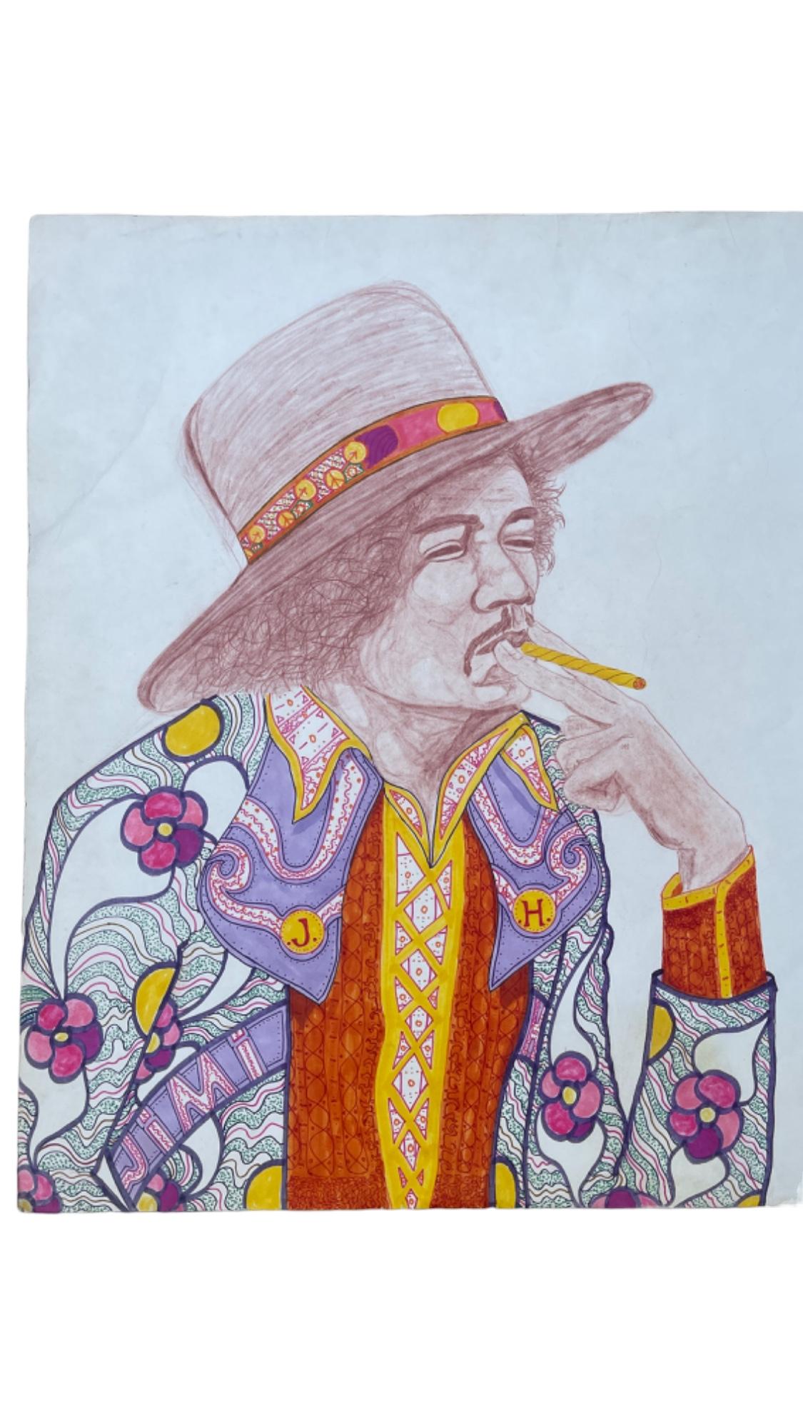 Rare Jimi Hendrix Hand-Signed Illustration Art Drawing