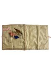 ANTIQUE US MILITARY ARMY  PATRIOTIC FOLK ART PAINTED ON SILK EAGLE WITH FLAG CAMP CUSTER