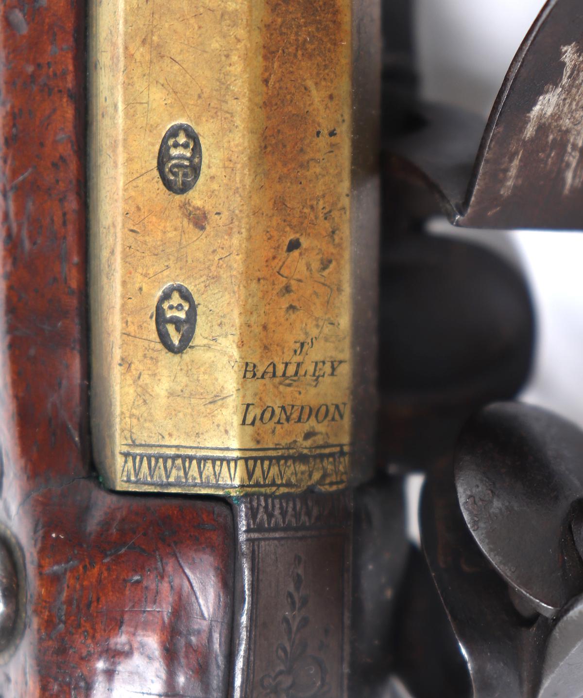 Cased Pair of English Brass Barrel Pistols, by J. Bailey circa. 1770