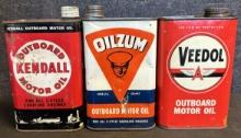 Veedol, Oilzum & Kendall Lot 3 Outboard Quart Motor Oil Cans