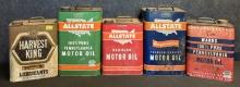 Lot 5 All State, Wards & Harvest King 10 Quart & 2 Gallon Motor Oil Can(s)