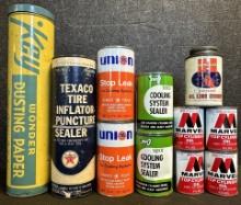 Lot of 11 Motor Oil Service Station Cans: Unioin 76 Stop Leak, Marvel Top, Serco Cooling, Texaco Tir