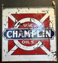 Champlin Oils Double Sided Porcelain Advertising Sign w/ Original Hanging Bracket