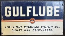 Gulflube High Mileage Motor Oil Original 1940s Rack Topper Single Sided Painted Metal Advertising Si