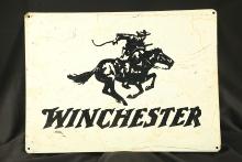 1960s Winchester “Galloping Frontiersmen” Black on White Painted 24” x 18” Metal Advertising Sign