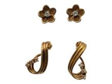 Lot of 2 Gold tone Earrings - Flower & 3 Stone Twist Hoops