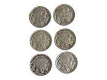 Lot of 6 Buffalo Nickels - 1935, 1937, etc