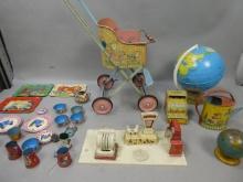 Lot c1950's Assorted Tin Litho Child's Items Store Tea Set Globes Sprinkling Can etc