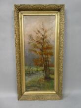 Vintage Unsigned Oil Painting Of Stream by Fall Tree