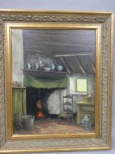 Unsigned Country Cabin Interior Oil Painting