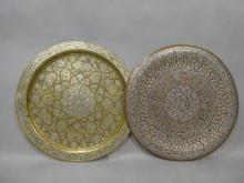 Pair Antique Persian Islamic Art Silver Inlayed on Copper & Brass Chargers