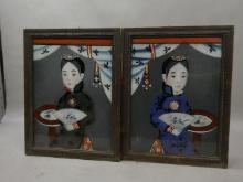 Pair 19th Century Chinese Reverse Painted Glass Paintings on Children