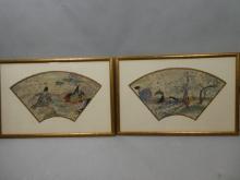 Pair Vintage Hand Colored Japanese Fan Shaped Prints