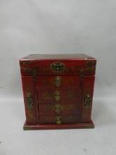 Vintage Chinese Red Painted Lacquer Phoenix Jewelry Box w/ Mirror